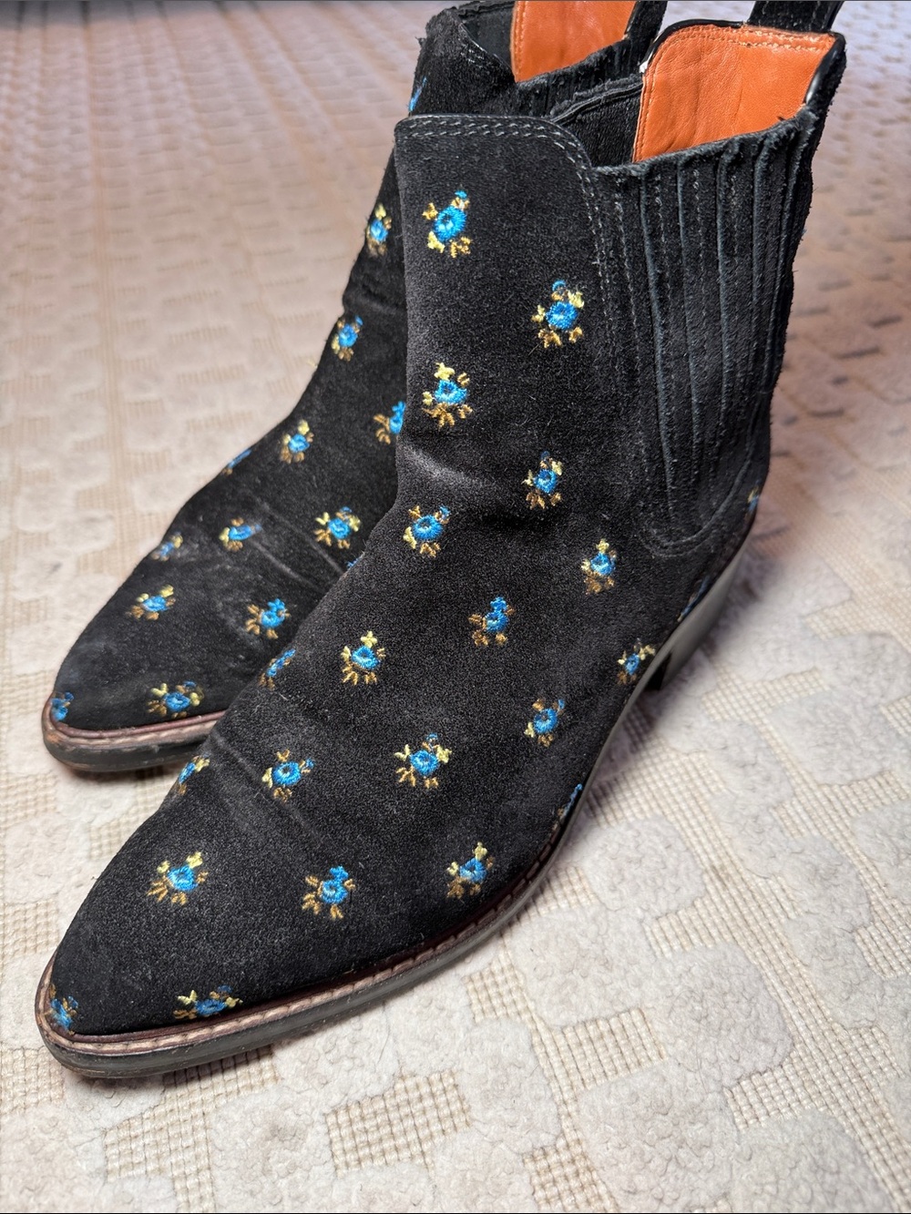 Coach Black Suede Embroidered Chelsea Booties with Blue Floral Accents - Picture 7 of 7